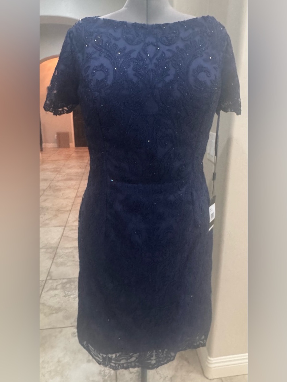 La Femme Navy Beaded Lace Midi Dress